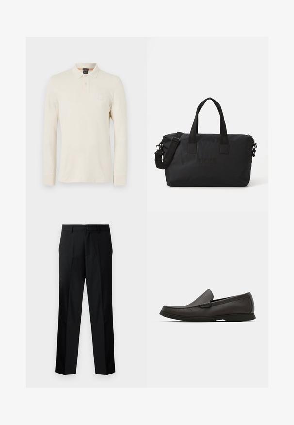 Langermet polo skjorte i lys beige, laget av glatt stoff, med polo krage, to knappelukking, og en liten logo lapp på brystet.; Sorte skreddersydde bukser med rett snitt, med knappelukking, glidelås og beltehemper. Glatt stoff med sidelommer.; Mørkebrune lærloafers med rund tå, subtle syddetaljer og en lav gummisåle. Glatt tekstur med en fleksibel passform.; Svart nylonduffelbag med to håndtak på toppen og en avtagbar skulderreim. Har preget logo og glatt tekstur med glidelås lukking.