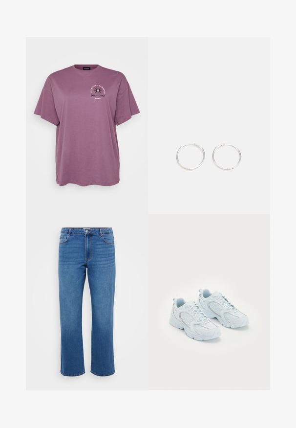 Paarse katoenen T-shirt met korte mouwen, losse pasvorm. Heeft een grafische tekst en ontwerp aan de voorkant dat een zonsverduistering vertegenwoordigt.; Blauwe spijkerbroeken met een recht gesneden ontwerp, voorzien van een klassieke knoop- en ritssluiting, vijf zakken en subtiele stikseldetails.; Lichtblauwe sportschoenen met een bovenwerk van mesh en synthetisch materiaal, voorzien van witte stippen en reflecterende accenten, vetersluiting en gevoerde zolen.; Zilveren ronde oorbellen met een strak ontwerp, voorzien van een glad oppervlak en zonder zichtbare versieringen. Diameter niet opgegeven.