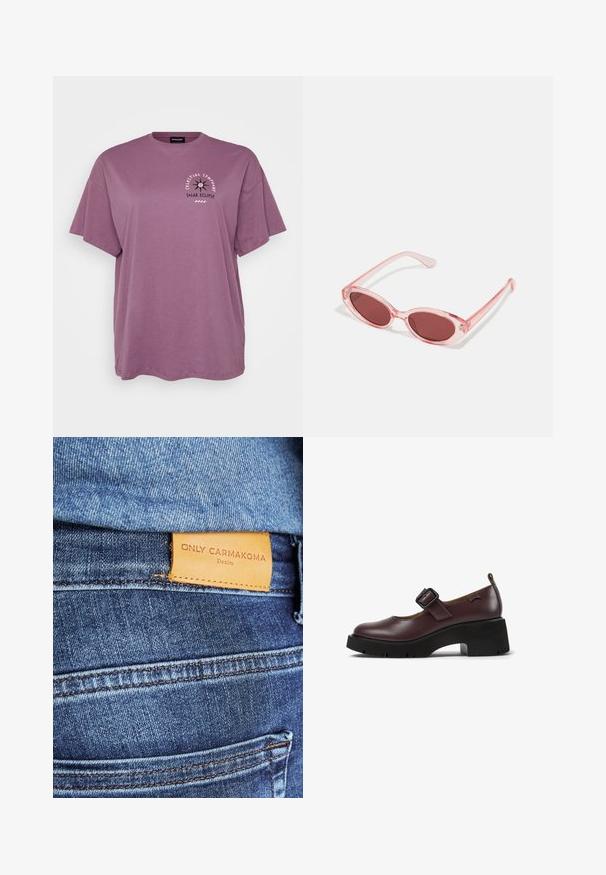 Lilla bomulls t-skjorte med korte ermer og løs passform. Har grafisk tekst og design på forsiden som representerer en solformørkelse.; Blå denimjeans med et brunt lærmerke som leser "ONLY CARMKOMA Denim," med synlig søm og detaljert sidelomme.; Burgunderfargede skinn Mary Jane-sko med firkantet spenne, rund tå og en kraftig svart hæl med mønster.; Rosa transparente solbriller med ovale linser, mørkerød farge, og slanke armer, med en glatt finish og subtile detaljer på rammen.; Lys blå lærveske med topphåndtak, frontlomme med klaff og avtagbar håndleddsstropp på hvit bakgrunn.
