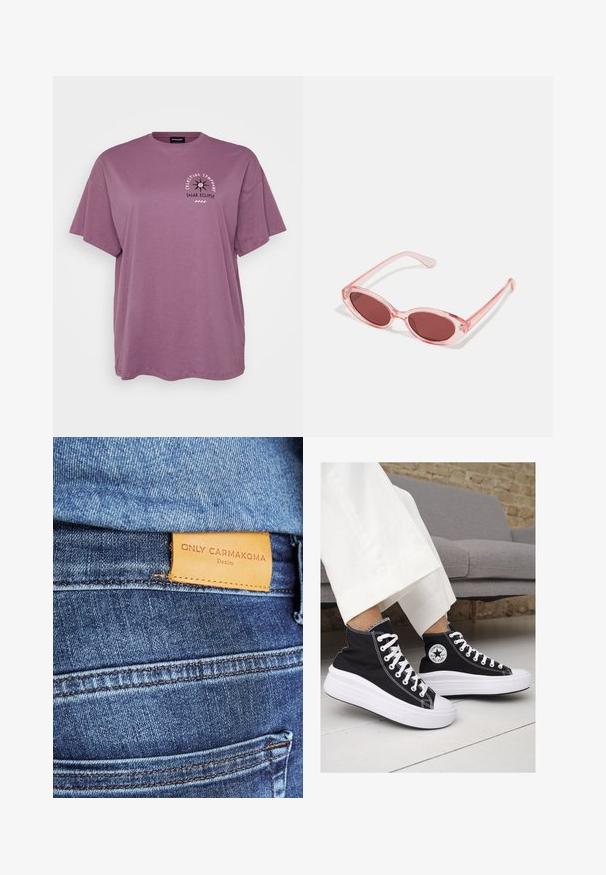 Violetti puuvillapaita, jossa on lyhyet hihat ja väljä malli. Edessä on graafista tekstiä ja kuvastoa, joka esittää aurinkoaikuilua.; Sininen farkut, joissa on ruskea nahkainen etiketti, jossa lukee "ONLY CARMKOMA Denim", näkyvillä ompeleilla ja sivutaskun yksityiskohdalla.; Mustat kangaskengät korkealla varrella, joissa on valkoiset kumipohjat ja nauhat. Sivussa on pyöreä logo ja kontrastiväriset valkoiset tikkausommellut.; Vaaleanpunaiset läpinäkyvät aurinkolasit, joissa on soikeat linssit, tumma punainen sävy ja hoikat sankarit. Kehyksissä on sileä pinta ja hienovaraista yksityiskohtaisuutta.