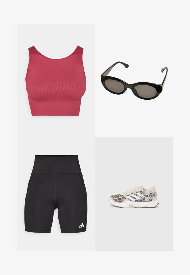Ribotas, be rankovių, trumpas viršus tamsiai rožių spalvos. Pagamintas iš tamprios medžiagos su apvaliu iškirpimu ir prigludusia forma.; Juodi sportiniai šortai, pagaminti iš elastingos medžiagos. Aukštas juosmuo, iki vidurio šlaunų ilgio, su balta trijų juostų logotipu kairiajame apatinėje pusėje.; Bežinės sportinės bateliai su leopardų raštu, baltomis juostelėmis ir tekstūruotu paviršiumi. Apima paminkštintą pado ir gumines išorines dalis, užtikrinančias sukibimą.; Juodi akiniai nuo saulės su blizgiu paviršiumi, ovaliais lęšiais ir kampuotais rėmeliais. Dizainas pasižymi storomis šventyklais ir elegantiška siluetu.