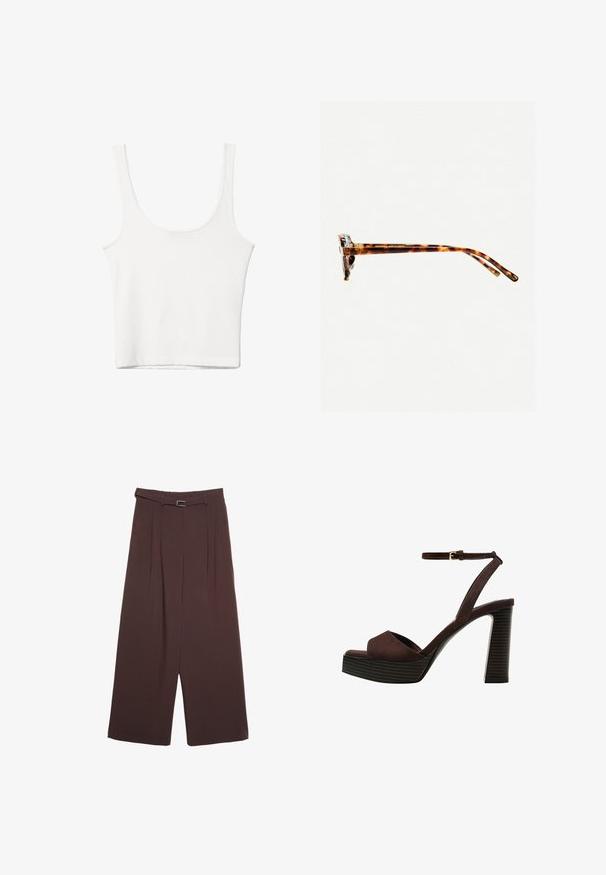 Top in cotone bianco senza maniche, con scollatura ampia e linea aderente. Tessuto liscio, design semplice e dettagli di cucitura minimi.; Stradivarius WIDE-LEG WITH BUCKLE DETAIL - Pantaloni - dark brown; Sandal in camoscio marrone con tacco alto, punta aperta, cinturino alla caviglia regolabile e suola a piattaforma striata.; Occhiali da sole tartarugati con una montatura spessa, tempie leggermente curve e superficie liscia. Presentano un design classico con una finitura lucida.