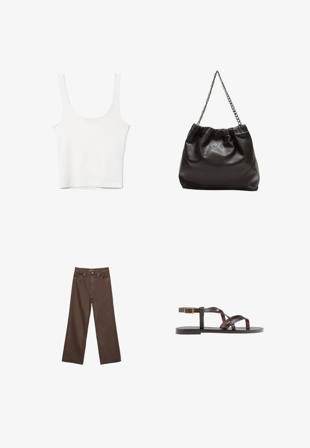 White cotton tank top with a scooped neckline, no sleeves, and a fitted shape. Smooth texture, plain design, and minimal stitching details.; Wide-leg brown jeans made of denim, featuring a high waist, front pockets, and a classic button closure. Smooth texture with subtle stitching.; Brown leather sandal featuring crisscross straps, an ankle buckle closure, and a flat sole with minimal stitching details.; Brown leather bag with a gathered top and a chain strap. Smooth texture with a glossy finish and subtle seam detailing on the sides.