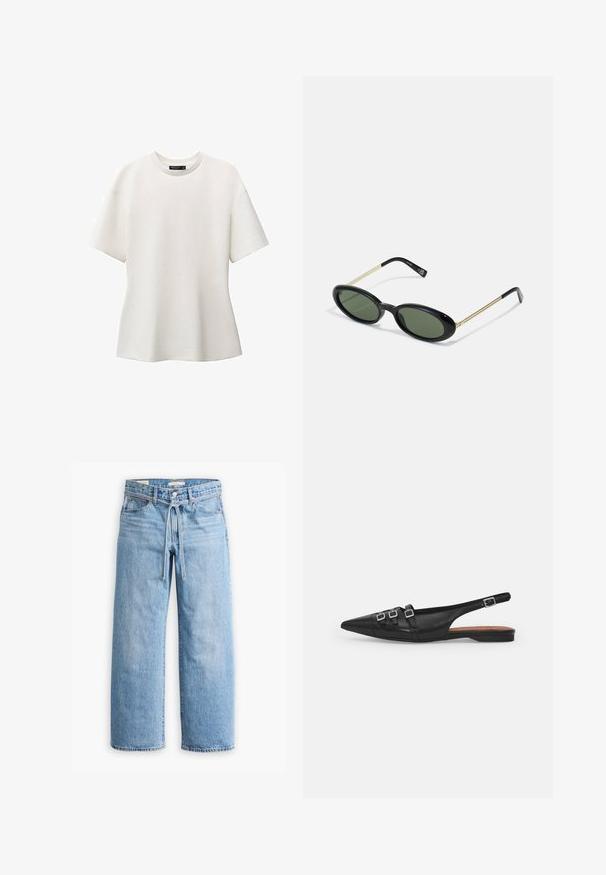 Mango AVA - T-Shirt basic - white; Hellblaue Jeans im weiten Schnitt mit hoher Taille, Knopf- und Reißverschluss sowie einer Kordelzugdetails an der Taille. Roh geschnittener Saum.; Schwarze Leder-Slingback-Ballerina mit spitzem Zeh, ausgestattet mit zwei horizontalen Riemen und quadratischen silbernen Schnallen, mit flachem Absatz und glatter Oberfläche.; Sonnenbrille mit ovalem Rahmen, grünen Gläsern, schwarzer Kunststofffront und dünnen goldenen Metallbügeln. Minimalistisches Design mit glatter Textur.; Schwarze geflochtene Ledertasche mit einer geschwungenen Form, ausgestattet mit einem dicken Griff und einem Reißverschlussverschluss. Texturierte Oberfläche mit glänzender Optik.