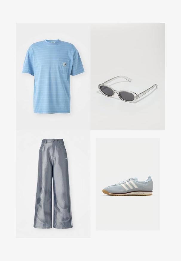 Svijetloplava majica kratkih rukava s horizontalnim prugama. Ima džep na prsima s logom. Izrađena od mekog pamučnog materijala.; Hlače širokih nogavica od sjajnog sivog materijala, s bijelim bočnim prugama i uzorkom plamena na donjem dijelu nogavica. Zatvaranje na gumb i patentni zatvarač u struku.; Svijetloplave suède tenisice s bijelim tri pruge, gumeni potplat i teksturirana mrežica. Imaju glatki vrh cipele i brendiranje na peti.; Naočale u ovalnom obliku, okvir od prozirne plastike, tamno sivi leće i tanke prozirne ručke s logotipom i minimalnim detaljima.
