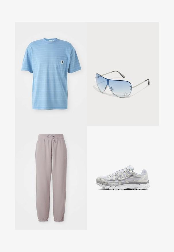 Lyseblå t-skjorte med korte ermer og horisontale striper. Har en brystlomme med et logo-lapp. Laget av mykt bomullsmateriale.; Lyse mauve fleece joggebukser med elastisk midje, snøring, sidelommer og elastiske mansjetter, vist flatt mot en hvit bakgrunn.; Lys grå sportsko med overdel i mesh og syntetisk materiale, med snøring, polstret krave og strukturert såle for grep.; Pilotbriller med gradient blå linse, sølvfarget metallramme og dekorative stjerneaksenter på linsen. Glatt og stilren design.