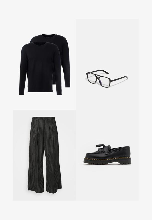 Musta pikkade varrukatega T-särk, mis on valmistatud pehmest puuvillast. Ümmargune kaelarihm, minimallistlik disain ja regulaarne lõige. Kaks T-särki pakis.; Mustudest triibulised laiad püksid plisseedega, millel on kohandatud disain ja pehme tekstuur. Nähtavaid riistade või aktsente pole.; Mustmust musta loafer, millel on frantsiisi aktsent, paks must tald ja kollane õmblus servas. Tekstuuriga viimistlus.; Mustad mustad raamidega prillid, millel on selged läätsed ja õrn lillakaspäine toon, omavad voolujoonelisi käsi ja minimalistlikku disaini.