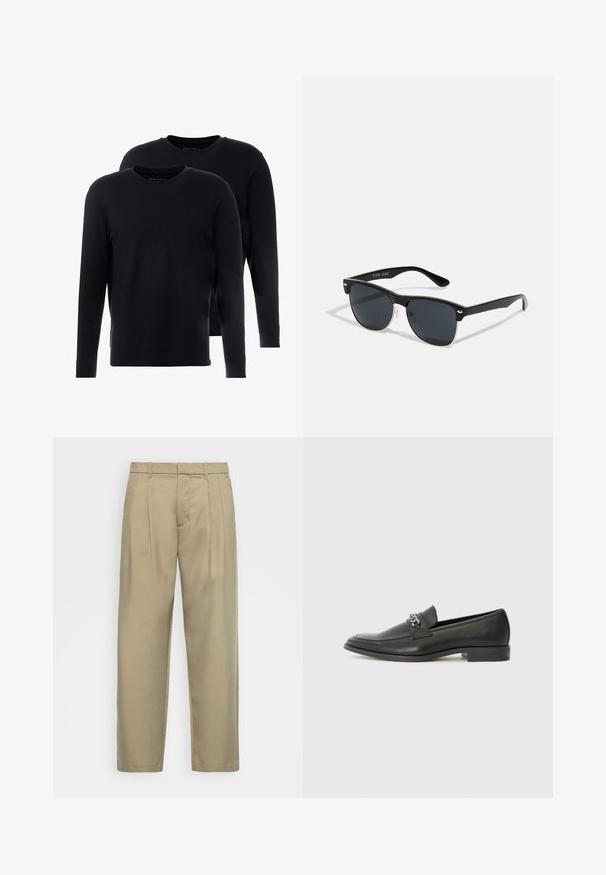 Svart langermet t-skjorter laget av myk bomull. Rund hals, minimalistisk design og normal passform. To skjorter i en pakke.; Beige, høytlivs bukser med rett snitt, med flat front, sidelommer og et jevnt, strukturert stoff.; Sorte skinnloafers med en glatt finish, og med en sydd design og en dekorativ metallkjedeakcent over foten. Flat hæl.; Sorte solbriller med rektangulær form, mørke linser, sølvfargede detaljer ved templene, og en matt finish på rammen.