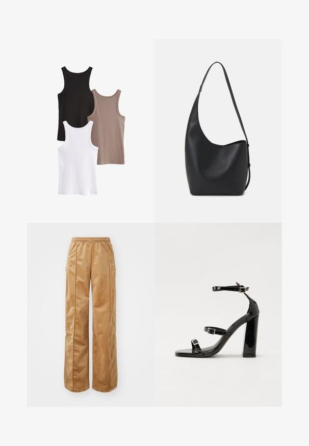 Trys trumpos rankovių marškiniai juodos, baltos ir taupe spalvų. Kiekvienas turi briaunuotą tekstūrą, apvalią iškirptę ir be dekoracijų.; Kreminės pločio kojų kelnės, pagamintos iš švelnaus, veliūrinio audinio. Yra elastinga juosmens juosta ir vertikalios siūlės priekyje, suteikiančios papildomo akcento.; Juoda blizgi lakuota basutė su kvadratiniu pirštu, kulkšnies dirželiais ir sidabro sagtimis. Yra tvirta blokinė kulno konstrukcija, užtikrinanti stabilumą.; Juodas odinis hobo maišas su lygiu paviršiumi, kreipta forma ir viena reguliuojama rankena; turi platų atidarymą viršuje.