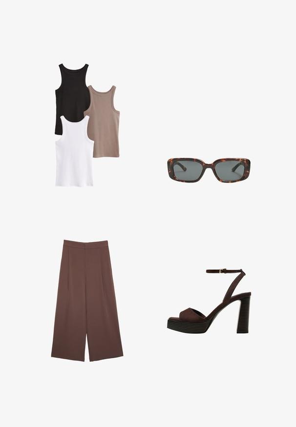 Tričko bez rukávov v čiernej, bielej a taupe farbe. Každé má rebrovanú textúru, okrúhly výstrih a nemá žiadne ozdoby.; Hnedé nohavice so širokými nohavicami a hladkou textúrou, s vysokým pásom a prednými skladmi. Tkanina je ľahká a voľne sa pohybuje.; Hnedé semišové sandále na vysokom podpätku s otvorenou špičkou, nastaviteľným členkovým remienkom a pruhovanou platformovou podrážkou.; Rámiky slnečných okuliarov v štýle korytnačiny s obdĺžnikovými šošovkami, hrubými rámami a tmavými tónovanými šošovkami. Hladký povrch a minimalistický dizajn.