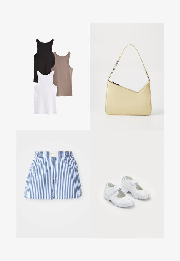 Trzy topy bez rękawów w kolorach czarnym, białym i taupe. Każdy ma prążkowaną strukturę, dekolt w serek i nie zawiera żadnych zdobień.; Niebieskie i białe szorty w paski z elastycznym paskiem w talii oraz metką z logo Nike. Wykonane z lekkiego materiału o gładkiej fakturze.; Białe buty sportowe z teksturowanym cholewką, regulowanym paskiem na rzep, zaokrąglonym noskiem oraz masywną podeszwą z wyraźnym wzorem bieżnika.; Żółta skórzana torebka na ramię o kształcie litery V, z gładką teksturą, zamknięciem na zamek oraz paskiem z łańcuszkiem.
