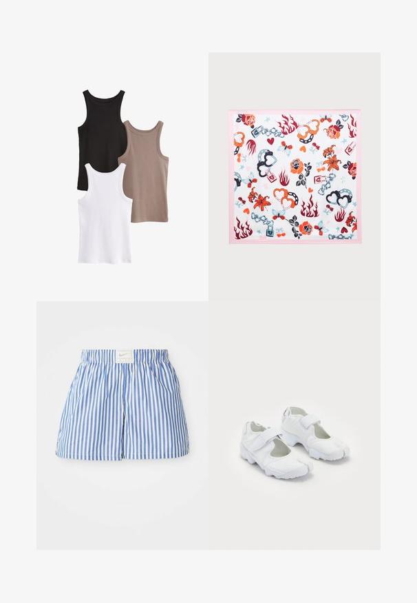 Tres camisetas de tirantes en negro, blanco y topo. Cada una tiene una textura acanalada, escote redondeado y sin adornos.; Pantalones cortos a rayas azul y blanco con cintura elástica y una etiqueta con el logo de Nike. Hechos de una tela ligera con una textura suave.; Zapatillas deportivas blancas con una parte superior texturizada, correa de Velcro ajustable, punta redondeada y una suela gruesa con un patrón de huella distintivo.; Pañuelo de seda con fondo blanco y borde rosa, que presenta un patrón diverso de corazones, flores, cadenas, mariposas y llamas en varios colores.; Bolso de hombro de cuero amarillo con un diseño en forma de V, que presenta una textura suave, cierre de cremallera y una correa acentuada con cadena.