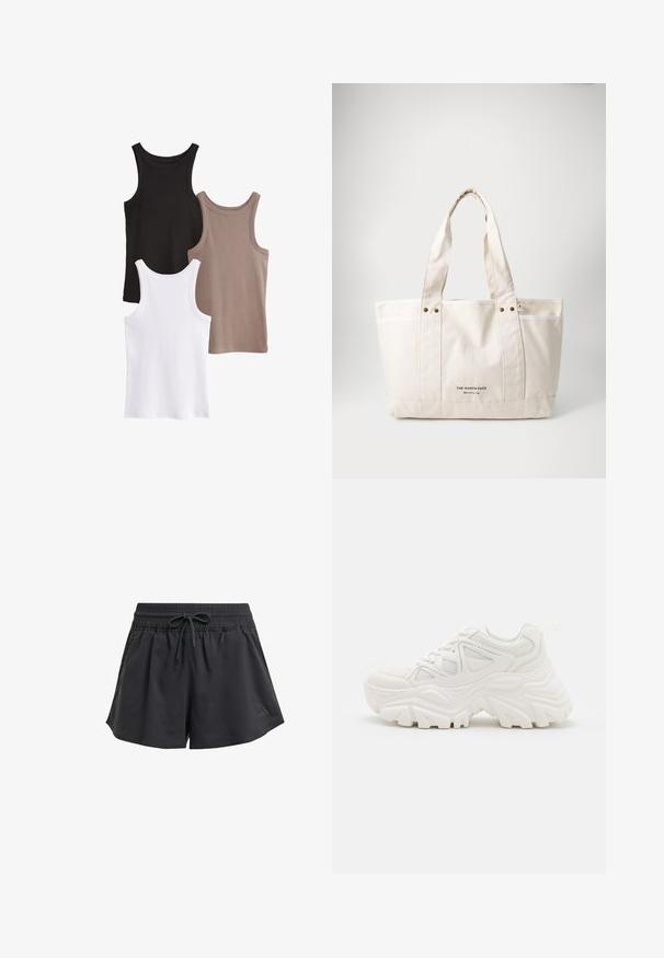 Tričko bez rukávov v čiernej, bielej a taupe farbe. Každé má rebrovanú textúru, okrúhly výstrih a nemá žiadne ozdoby.; Čierne atletické šortky s elastickým pásom, vnútornou šnúrkou a bočnými rozparkami. Vyrobené z hladkej, ľahkej tkaniny.; Biele robustné tenisky s textúrovaným zvrškom, sieťovinovými panelmi a hrubými gumovými podrážkami s výrazným vzorom. Šnúrky a pútko na vytiahnutie sú súčasťou.; Plátená taška v svetlosivobéžovej farbe s dvoma pevnýmii rúčkami, kontrastným bielym lemovaním a logom "THE NORTH FACE" v čiernej farbe na prednej strane.