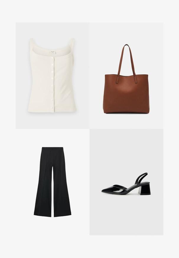 Canotta a coste color crema con spalline regolabili, chiusura con bottoni frontale e una texture liscia. Etichetta posizionata all'interno.; Pantaloni neri a gamba larga con una texture liscia, caratterizzati da pieghe frontali e un design sartoriale. Il tessuto è leggero e fluido.; Décolleté in vernice nera con punta affusolata e tacco in geometria cubica. Presentano un design elegante e minimalista, con una texture liscia.; Borsa tote in pelle marrone con texture liscia, design con apertura superiore e due spallacci. Presenta cuciture minime e nessun hardware visibile.