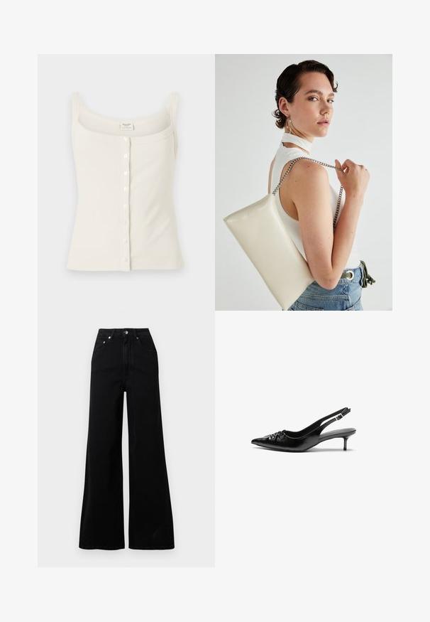 Cream-colored ribbed tank top with adjustable spaghetti straps, front button closure, and a smooth texture. Label is located inside.; Black wide-leg jeans made from denim, featuring a high waist, five pockets, front button closure, and minimal stitching details.; Black leather slingback heels with a pointed toe, small kitten heel, and a decorative knot detail on the front. Smooth texture throughout.; White rectangular clutch bag made of glossy material, featuring a silver chain strap. Model poses, showcasing the bag against a plain background.