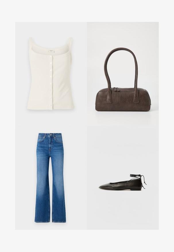 Krém színű, bordás pánt nélküli top állítható spagetti pántokkal, elülső gombos záródással és sima textúrával. A címke a belső részen található.; Széles szárú kék farmernadrág magas derékkal, cipzáros nyitással, gombos zárással és finom fakulással a lábak mentén.; Fekete bőr balettcipők hegyes orral, bokakötővel és lapos talppal, sima textúrával és minimalista dizájnnal.; Barna bőrtáska, két masszív fogantyúval, téglalap alakú, sima felülettel és cipzáras záródással. Minimalista dizájn, látható minták nélkül.