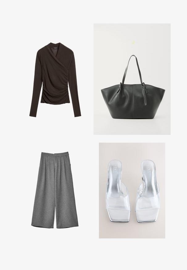 Dark brown long-sleeve wrap-style top with gathered side details and a soft draped neckline.; Gray wide-leg cropped trousers with belt loops, side pockets, and front pleats, made from a soft fabric.; Clear high-heeled mules with a transparent PVC upper and a square toe design. Reflective silver insoles and block heels complete the look.; Vero Moda VMDITTA - Tote bag - black