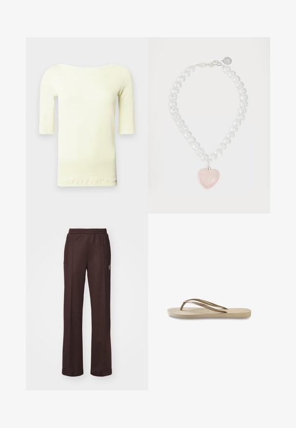 Light yellow t-shirt with a scoop neckline and three-quarter sleeves. Made of smooth, stretchy fabric, featuring a straight hem and minimal detailing.; Brown athletic pants with an elastic waistband, two side pockets, and a small logo on the left side, made from a soft fabric.; Light beige flip-flop with textured footbed, flat sole, and thin, shiny straps. Features subtle branding on the strap.; Necklace featuring transparent round beads, silver hardware, and a pink heart-shaped pendant with a faceted surface.
