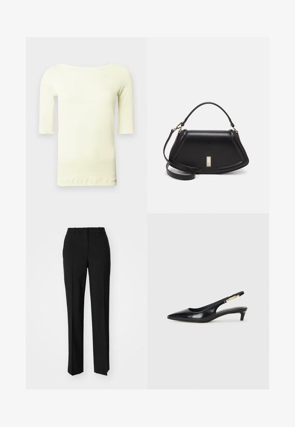 Light yellow t-shirt with a scoop neckline and three-quarter sleeves. Made of smooth, stretchy fabric, featuring a straight hem and minimal detailing.; Black tailored trousers with a straight-leg design, featuring a smooth texture and crisp creases along the front. No visible hardware.; Black leather slingback heels with a pointed toe, featuring a slim heel and a gold-tone accent on the adjustable strap. Smooth texture.; Black leather handbag with a structured design, featuring a cropped shape, top handle, and gold hardware accent. Adjustable shoulder strap included.