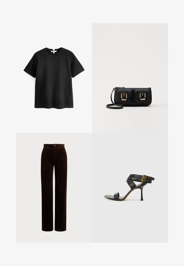 Fekete, rövid ujjú póló sima pamutból, kerek nyakkivágással és egyenes aljjal. Egyszerű, minimalista dizájn minta nélkül.; Polo Ralph Lauren COTTON CORDUROY WIDE-LEG PANT - Nadrágok - dark beech; Fekete magassarkú szandál keresztpántos dizájnnal és állítható csattal. Simább felülettel és hegyes tűsarkúval rendelkezik.; Fekete bőr keresztbody táska két elülső zsebbel, arany csattokkal, cipzáras záródással és vékony pánttal. Textúrált felület és kompakt téglalap alak.