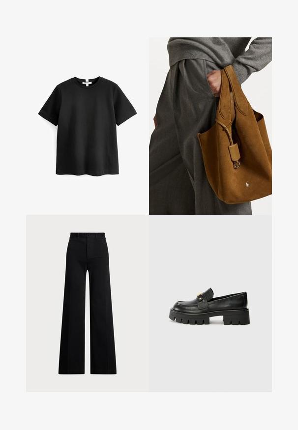 Musta lyhythihainen t-paita, joka on valmistettu sileästä puuvillasta. Siinä on pyöreä kaula-aukko ja suora helma. Yksinkertainen, minimalistinen muotoilu ilman kuvioita.; Mustat leveät housut, jotka on valmistettu kudotusta kankaasta. Niissä on korkea vyötärö, edessä nappisulku ja sivutaskut. Suora pinta puhtailla linjoilla.; Mustat nahkakengät, joissa on paksu pohja, kultaisella korostuksella edessä ja sileällä pinnalla. Paksu kuvio pohjassa.; Ruskea mokkanahkainen kassis on pyöreä muoto, kaksinkertaiset kahvat ja metallinen yksityiskohta. Edessä on pieni logo.