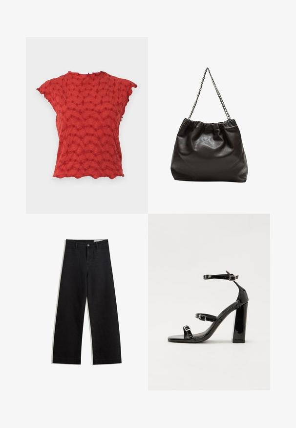 Röd topp i strukturerad tyg med ett vågigt mönster och korta ärmar. Scallopad nederkant ger detalj och förhöjer den unika designen.; Svarta vida denimbyxor med hög midja, med fram- och bakfickor, sydda sömmar och knappstängning. Slät textur.; Svarta lackerade klacksandaler med fyrkantig tå, ankelremmar och silverfärgade spännen. Har en kraftig blockklack för stabilitet.; Brun läderväska med rynkad topp och kedjesnodd. Slät textur med en blankslipad yta och subtila sömdetaljer på sidorna.