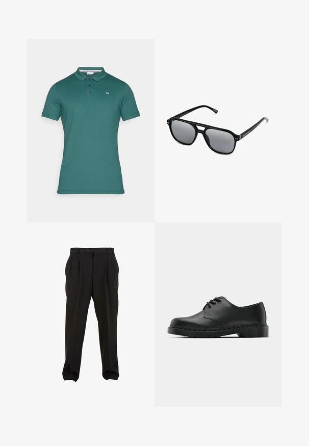 Grön pikétröja i bomullsblandning, med klassisk krage, treknapplåsning och subtil CK-logotyp på övre vänstra bröstet.; Svarta byxor i en slät tygkvalitet, med framfickor, en knapp i midjan och avsmalnande ankleder. Klassisk skräddarsydd silhuett.; Svart lädersko i oxford-stil med snörningsdesign, rund tå, platt gummisula och subtila sömdetaljer längs ovandelen.; Svarta solglasögon med rektangulära bågar, gråtonade linser och en design med urtag i näsbryggan. Slank, glänsande plastmaterial, med smala skalmar.