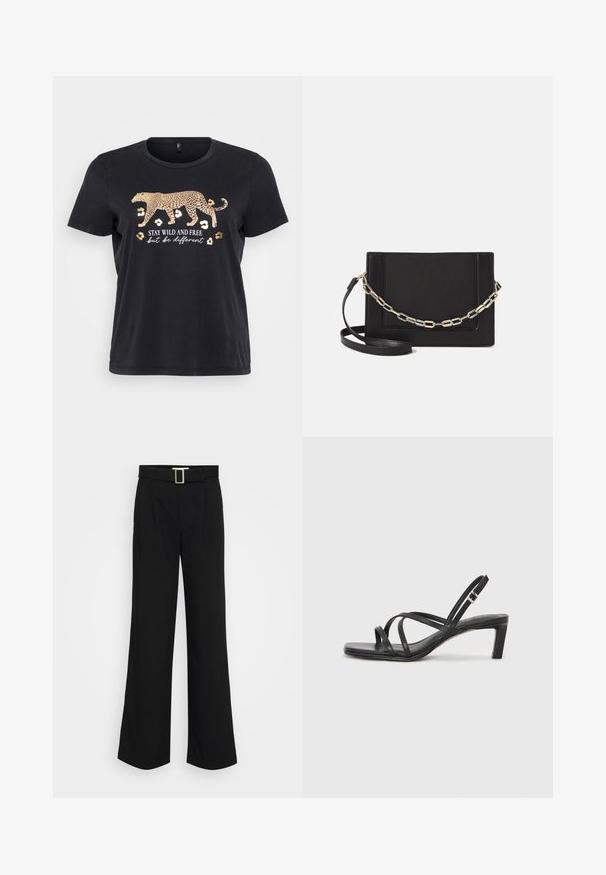 Must musta T-särk, millel on kuldne leopardigraafika ja alltekst "JÄÄ VABAKS JA KUIDAS KASVAMA KUIDAS OLLA ERINEV". Lühikesed varrukad, ümmargune kaelus.; Mustad laiad püksid, mis on valmistatud kerge kangaga, silindri tekstuuriga, ees on voltide detail ja ruudukujuline metallist pandla külge. ; Mustast rihmajalatsid ruudukujulise varba ja madala ploki kontsaga. Omab mitmeid õhukesi rihmasid ja reguleeritavat pahkluu rihma. Valmistatud siledast nahast.; Mustast nahast õlakott, mis omab siledat tekstuuri, ristküliku kuju ning esiküljel metallketi detaili. Reguleeritav rihm on kaasas.; Hõbedane kahekordne rõngas sujuva, poleeritud pinnaga. Omab voolavat, kõverat disaini, millel on kattuvad sektsioonid, et saavutada kaasaegne ilme.