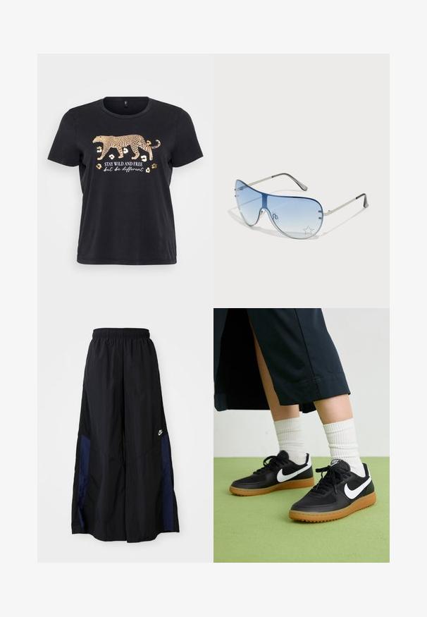 Czarna bawełniana koszulka z krótkim rękawem, z grafiką lamparta w kolorze złotym oraz napisem "STAY WILD AND FREE, ale bądź inny" poniżej. Okrągły dekolt.; Czarne spodnie szerokie wykonane z lekkiego materiału, z granatowym bocznym panelem i elastycznym paskiem w talii. Małe białe logo na dole.; Czarne skórzane i syntetyczne sneakersy z białym logo Nike, gumową podeszwą, okrągłym noskiem i czarnymi sznurowadłami. Widziane są ribbowane białe skarpetki.; Okulary przeciwsłoneczne typu aviator z gradientowymi niebieskimi szkłami, srebrną metalową oprawą oraz dekoracyjnymi akcentami w kształcie gwiazdek na soczewkach. Gładki i elegancki design.