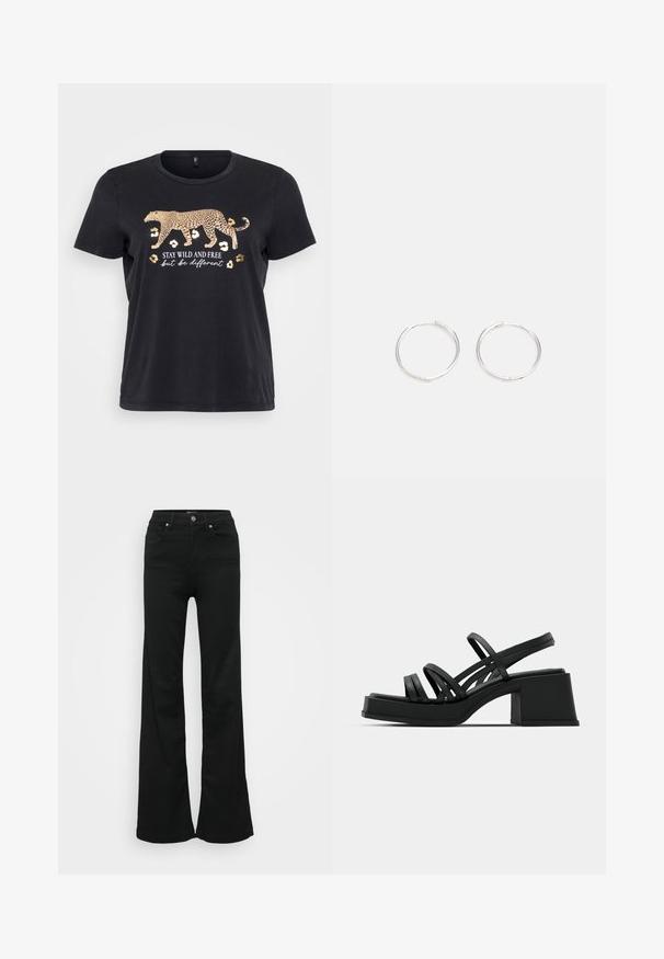 Zwarte katoenen T-shirt met een gouden luipaardafbeelding en de tekst "BLIJF VRIJ EN WILD maar wees anders" eronder. Korte mouwen, ronde hals.; Zwarte wijde jeans gemaakt van denim, met een hoge taille, vijf zakken en een metalen knoopsluiting. Gladde textuur met minimale detailing.; Zwarte hakken sandalen met meerdere dunne banden en een brede blokhak. Strak ontwerp met een matte textuur. De voetbed heeft een lichte curve.; Zilveren ronde oorbellen met een strak ontwerp, voorzien van een glad oppervlak en zonder zichtbare versieringen. Diameter niet opgegeven.