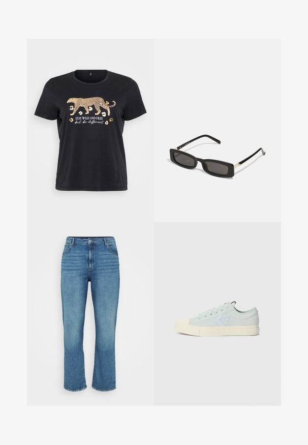 Sort bomulds T-shirt med et leopardgrafik i guld og teksten "STAY WILD AND FREE men vær anderledes" nedenfor. Korte ærmer, rund hals.; Lysblå denimjeans med lige ben design, der har fem lommer, bæltestropper og subtil falming foran.; Lys mintgrøn canvas sneakers med gummitåhætte, hvid stjerne-logo og cremefarvet gummisål. Har klassisk snørebåndsdesign.; Sorte rektangulære solbriller med mørke linser, glansfulde plastikstel og guld accenter på stængerne. Minimalistisk design og slank form.
