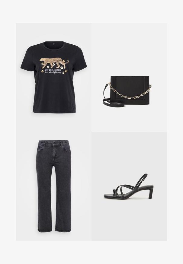 Sort bomulds T-shirt med et leopardgrafik i guld og teksten "STAY WILD AND FREE men vær anderledes" nedenfor. Korte ærmer, rund hals.; Sorte denim jeans med lige ben design, fem lommer og knaplukning. Stoffet har en let falmet tekstur og robust syning.; Sort remsandale med firkantet tå og en lav blokeret hæl. Har flere tynde stropper og en justerbar ankelrem. Fremstillet af glat læder.; Sort læder crossbody taske med en glat tekstur, rektangulær form og en metallisk kæde detalje foran. Justerbar skulderrem inkluderet.