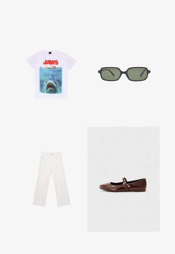 Henry Tiger JAWS POSTER - T-shirt med print - white; Vita denim byxmbyxor med vida ben som har en klassisk femficksdesign, metallbeslag och kontrasterande sömmar. Slät textur och avslappnad passform.; Brun lackad ballerina med fyrkantig tå och rem med ett litet guldspänne. Slät yta, låg klack och minimalistisk design.; Svarta rektangulära solglasögon med mörkgröna linser, med en platt design, minimalistiska sidor och en lätt ram för komfort.; Svart läderhandväska med flätade handtag, dragkedjefack och hängande pom poms. Texturerad yta med metallnitar och hårdvaruaccenter.