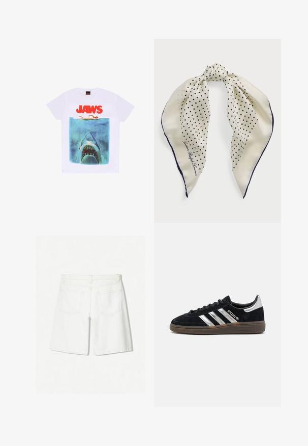 Henry Tiger JAWS POSTER - T-shirt print - white; Witte denim shorts met een rechte pasvorm, voorzien van een hoge taille, twee achterzakken en subtiele stikdetails.; Zwarte suède sneaker met witte strepen, rubberen zool en een glanzende zilveren accent bij de hak. Beschikt over een klassiek laag model.; Zijden sjaal met een crèmekleurige achtergrond en marineblauwe stippen, geknoopt in het midden; marineblauwe rand; met de tekst "Lauren Ralph Lauren."; Bruine suède tote bag met een ronde vorm, dubbele handvatten en een metalen hardware accent. Heeft een klein logo aan de voorkant.