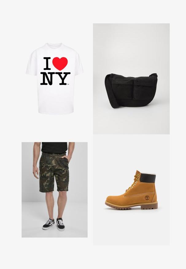 Tricou alb din bumbac cu mâneci scurte, având inscripționat în font mare textul alb-negru "I NY" și o inimă roșie, cu un design standard de guler rotund.; Pantaloni scurți cargo cu camuflaj, prevăzuți cu buzunare cargo, confecționați dintr-un material țesut în nuanțe de verde și maro. Asortați cu adidași negri cu șireturi albe.; Botină din piele maronie la gleznă, cu ochiuri metalice, căptușeală din blană albă, guler îmblănit negru, talpă robustă și logo embossat pe lateral.; Geantă crossbody din catifea neagră cu curea ajustabilă, având buzunare frontale și o textură moale. Design compact cu detalii minimale.