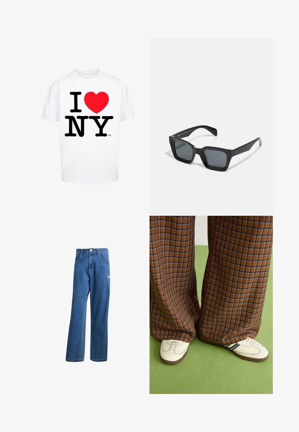 Witte katoenen t-shirt met korte mouwen, voorzien van vetgedrukte zwarte tekst "I NY" en een rode hartvorm, met een standaard ronde hals.; Blauwe hoge taille wijde spijkerbroek met voorzakken, riemlussen, knoopsluiting en klein Adidas-logo op de rechterdij.; Bruine en blauwe geruite wijde broek, gecombineerd met witte schoenen met zwarte accenten en een gestructureerde zool, gezet tegen een groene achtergrond.; Zwarte rechthoekige zonnebril met donkere lenzen. Kunststof frame met een glanzende afwerking, met een brede neusbrug en licht taps toelopende pootjes.