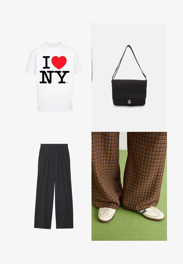 Hvit bomull t-skjorte med korte ermer, med fet svart tekst "I NY" og en rød hjerteform, standard crew neck-design.; Vide benbukser laget av mørkegrått stoff. Har legg i midjen, en skreddersydd design, og en rett silhuett.; Brune og blå rutete vide bukser sammen med hvite sko med svarte detaljer og teksturerte såler, satt mot en grønn bakgrunn.; Svart budveske laget av glatt materiale, med en klaff som kan legges over, sølvfarget spenne og en justerbar skulderrem.