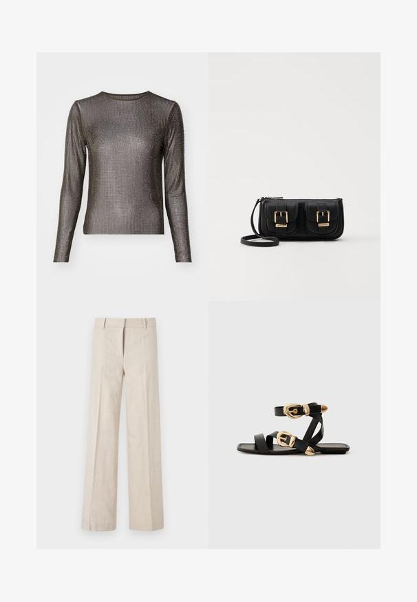 Ilgų rankovių marškiniai, turintys prigludusią formą ir metalinės tinklo medžiagos, dekoruoti mažomis, tolygiai išdėstytomis cirkonio akmenimis paviršiuje.; Šviesiai rudos plačios kelnės iš lengvos medžiagos, pasižyminčios lygiu paviršiumi ir tvarkingais priekiniais klostėmis. Juosmuo sukurtas su kilpomis diržui.; Juodos odinės šlepetės su auksiniais sagtelėmis, turinčios daugybę dirželių ir plokščią padą, skirtos atviriems pirštams.; Juodas odinis per petį nešiojamas krepšys su dviem priekiniais kišenėmis, auksiniais sagtimis, užtrauktuko uždarymu ir siauromis petnešomis. Textūruota paviršius ir kompaktiškas stačiakampis formatas.