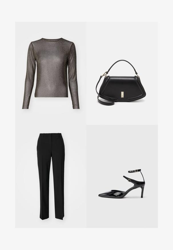 Hosszú ujjú póló, amely testhezálló fazonnal és fémes hálós anyagból készült, a felületén apró, egyenletesen elhelyezett strasszokkal díszítve.; Fekete, testhezálló nadrág egyenes szárú kivitelben, sima textúrával és éles redőkkel az elején. Nincs látható fémalkatrész.; Fekete lakkbőr magassarkú cipők hegyes orral, állítható bokapánttal és vékony sarokkal. Simább textúra fényes kivitelben.; Fekete bőr kézitáska, strukturált dizájnnal, rövidített formával, felső fogantyúval és arany színű kiegészítőkkel. Állítható vállpánt is tartozik hozzá.
