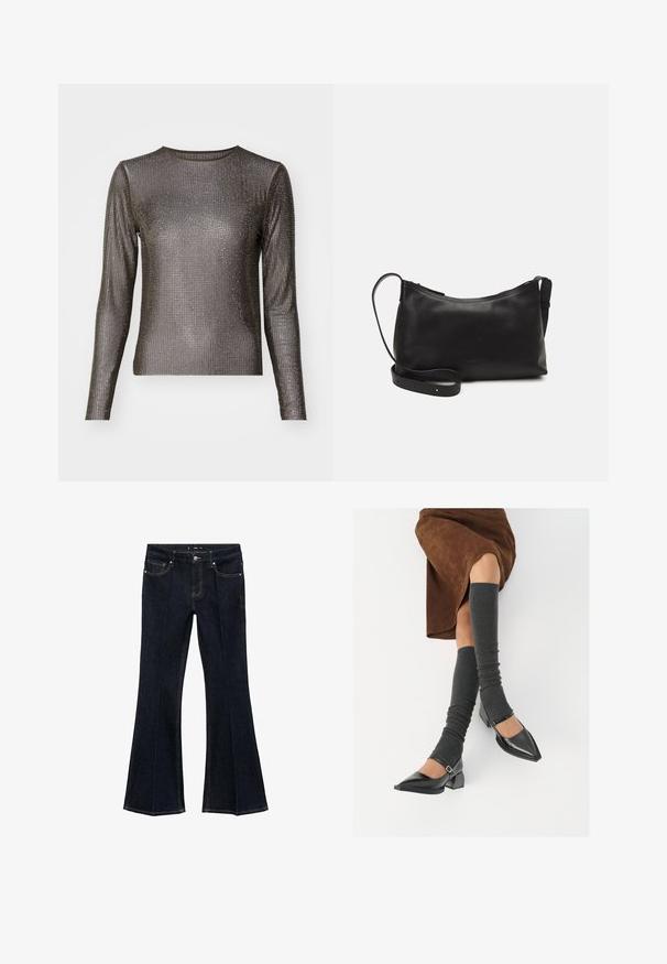 Long-sleeve top featuring a fitted design and metallic mesh fabric, adorned with small, evenly spaced rhinestones across the surface.; Dark blue denim jeans with high waist, front pockets, and flared wide legs, displayed flat on a white background.; Black patent leather pointed-toe shoes with a block heel and ankle strap, paired with gray ribbed leg warmers and a brown suede skirt.; Black leather shoulder bag with a smooth texture, curved shape, adjustable strap, and a zip closure. Minimalist design without embellishments.