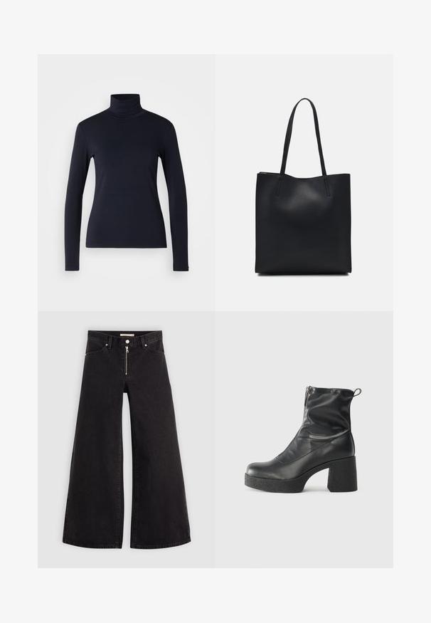 Navy turtleneck long-sleeve top. Made from soft fabric with a smooth texture. Features a fitted design and high collar without visible seams.; Wide-leg jeans in black denim with a zippered front, five-pocket design, and subtle stitching details. Smooth texture and casual style.; Black ankle boots made of smooth leather, featuring a side zipper, chunky textured heel, and rounded toe design.; Black leather tote bag with smooth texture, rectangular shape, and two long handles. No visible hardware or embellishments.