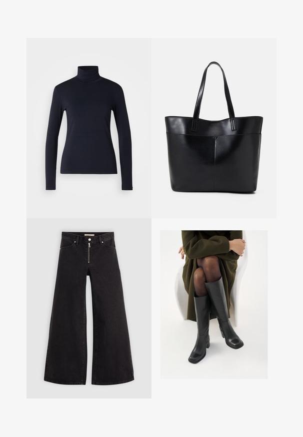 Camisola de gola alta de manga longa na cor navy. Feita em tecido suave com uma textura lisa. Apresenta um design ajustado e gola alta sem costuras visíveis.; Calças de ganga de perna larga em denim preto com fecho éclair à frente, design de cinco bolsos e detalhes de costura subtil. Textura suave e estilo casual.; Botas de couro pretas até ao joelho com biqueira quadrada e salto em bloco, apresentadas com um modelo sentado num casaco verde-azeitona. Textura lisa, com detalhes mínimos.; Bolsa tote preta em couro com duas alças longas, textura suave e forma estruturada. Apresenta um bolso frontal para armazenamento adicional.