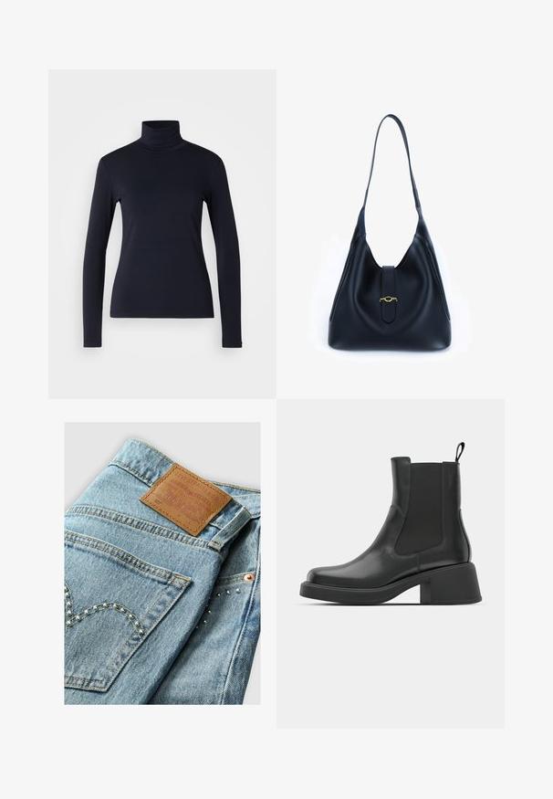 Marineblaue Rollkragenoberteil mit langen Ärmeln. Hergestellt aus weichem Stoff mit glatter Textur. Verfügt über ein enganliegendes Design und einen hohen Kragen ohne sichtbare Nähte.; Levi's® CROP - Jeans Straight Leg - hidden happiness; Schwarze Leder-Stiefeletten mit elastischen Seitenpanelen, abgerundetem Zehenbereich und einem klobigen Blockabsatz. Glatte Textur mit einem minimalistischen Design.; Schwarze Lederhandtasche mit einem weichen, lässigen Design. Verfügt über einen flachen Trageriemen und einen zentralen Verschluss, der mit einem goldenen Akzent verziert ist.