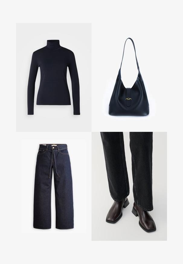 Sötétkék garbó, hosszúujjú felső. Puha anyagból készült, sima tapintással. Testhez simuló kialakítással és láthatatlan varrás nélküli magas gallérral rendelkezik.; Széles lábú, sötétkék farmernadrág magas derékkal, húzózsinórral, öt zsebbel és kontrasztos varrással.; Barna bőr boka csizma négyzet alakú orral és tömbsarkal, fekete, bő szárú farmerral párosítva. Simább textúra és minimalista dizájn.; Fekete bőr kézitáska, puha, laza dizájnnal. Lapított pánttal és középső záródással rendelkezik, amelyet arany díszít.