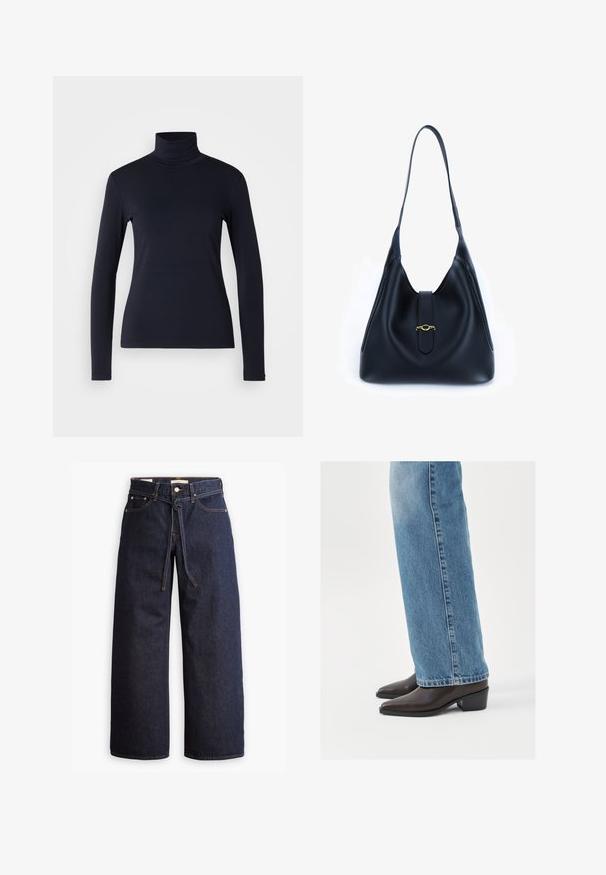 Tricou cu guler haină în navy, cu mânecă lungă. Fabricat dintr-un material moale, cu o textură netedă. Prezintă un design ajustat și un guler înalt fără cusături vizibile.; Blugi din denim cu talie înaltă, de culoare albastru închis, cu picior larg, dotati cu şnur pentru ajustare, cinci buzunare şi detalii de cusătură în contrast.; Botine din piele maro, cu vârful ascuțit și toc pătrat, asociate cu blugi drepti de culoare albastră deschisă, evidențiind un design curat și simplu.; Geantă din piele neagră cu un design moale și lejer. Dispune de o curea plată și de un închizător central decorat cu un accent auriu.