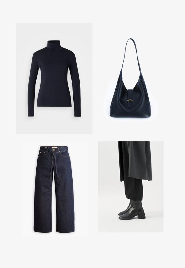 Laivastonsininen kauluri pitkähihaisena puserona. Valmistettu pehmeästä kankaasta, jossa on tasainen pinta. Ominaisuuksiin kuuluu muotoiltu malli ja korkea kaulus ilman näkyviä saumoja.; Korkeavyötäröiset tummansiniset leveälahkeiset farkut, joissa on narunauhakuja, viisi taskua ja kontrastiväriset ompeluseikat.; Mustat nahka nilkkurit, joissa on neliön muotoinen kärki ja paksu korko, yhdistettyinä löysiin mustiin housuihin ja tummanharmaaseen takkiin. Tasainen pinta.; Mustat nahkakahvilaukku, jossa on pehmeä ja rento muotoilu. Varustettu litteällä hihnalla ja keskikohdan sulkemisella, jossa on kultainen yksityiskohta.