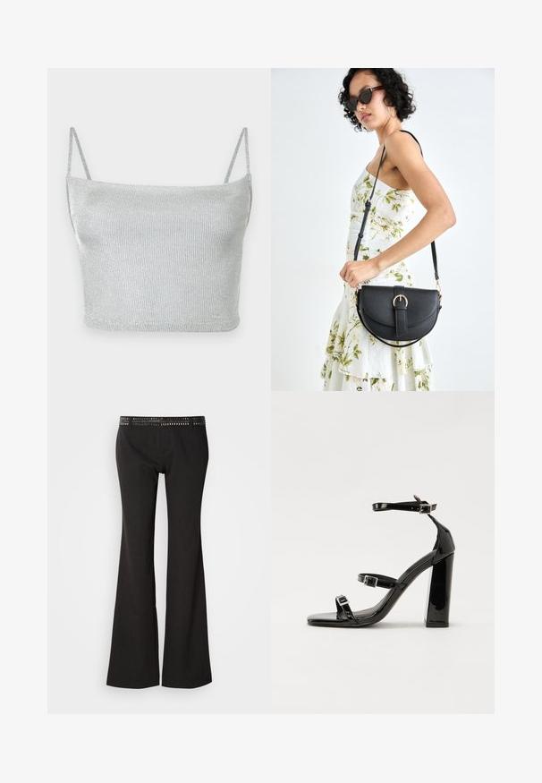 Top crop prateado com nervuras e alças finas; feito de um tecido brilhante e texturizado, apresentando um design ajustado e decote reto.; Calças pretas evasê com um cós texturizado adornado com tachas metálicas. O tecido apresenta um brilho subtil e um acabamento suave.; Sandálias de tacão preto laqueadas com bico quadrado, tiras para o tornozelo e fivelas prateadas. Apresentam um salto bloco chunky para estabilidade.; Bolsa de couro preta com forma curva, alça destacável e detalhes em dourado. A bolsa possui uma aba com detalhe de fivela.