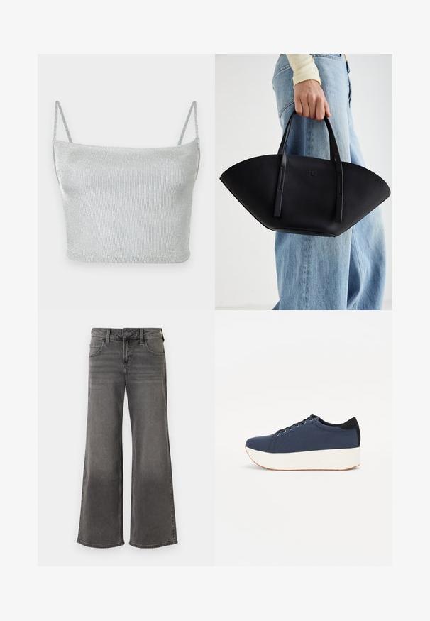 Silver metallic knit crop top with thin adjustable straps. Fitted design and smooth texture. No patterns or hardware details visible.; Grey wide-leg jeans made of denim, featuring a classic five-pocket design, button closure, and stitching details along the seams.; Navy blue sneaker with a textured fabric upper, white platform sole, rounded toe, and black heel accent. Features six eyelets for laces.; Black leather handbag with a unique fan shape, featuring flat handles. The surface has a pebbled texture and a minimalistic design.
