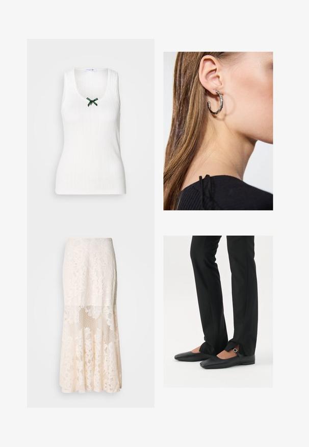 Bela brezrokavnica z rebrasto teksturo, z v-izrezom in zelenim naglavnim trakom spredaj. Ima subtilno blagovno znamko skozi celotno obleko.; Cvečni čipkast midi krilo v kremni barvi; vključuje plasten dizajn s prosojnimi sekcijami, teksturiranim čipkastim materialom in razširjenim robom.; Črne usnjene balerinke s koničastim nosom, trak z srebrno zaponko, v kombinaciji s črnimi elegantnimi hlačami z razporkom na robu.; Srebrna obročasta uhana s polirano površino, ki vključuje majhne zlate poudarke in okroglo obliko, nošena na ušesnem lobu.