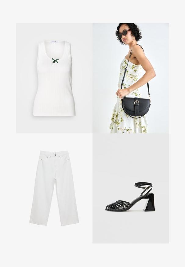 Weißes ärmelloses Tanktop mit gerippter Textur, einem V-Ausschnitt und einem grünen Schleifenakzent an der Vorderseite. Enthält dezente Markenkennzeichnung.; Weiße Jeans im weit geschnittenen Design aus Denim mit hoher Taille, ausgestattet mit fünf Taschen und Metallbeschlägen. Glatte Textur, keine sichtbaren Muster.; Schwarze Absatzsandale mit riemchen Design, glänzender Lackoberfläche, offener Zehenpartie und geometrischem Blockabsatz. Mit einem Riemen mit Schnalle versehen.; Schwarze Lederhandtasche mit geschwungener Form, abnehmbarem Tragegurt und goldenen Beschlägen. Die Tasche verfügt über einen Deckel mit einer Schnallen-Details.